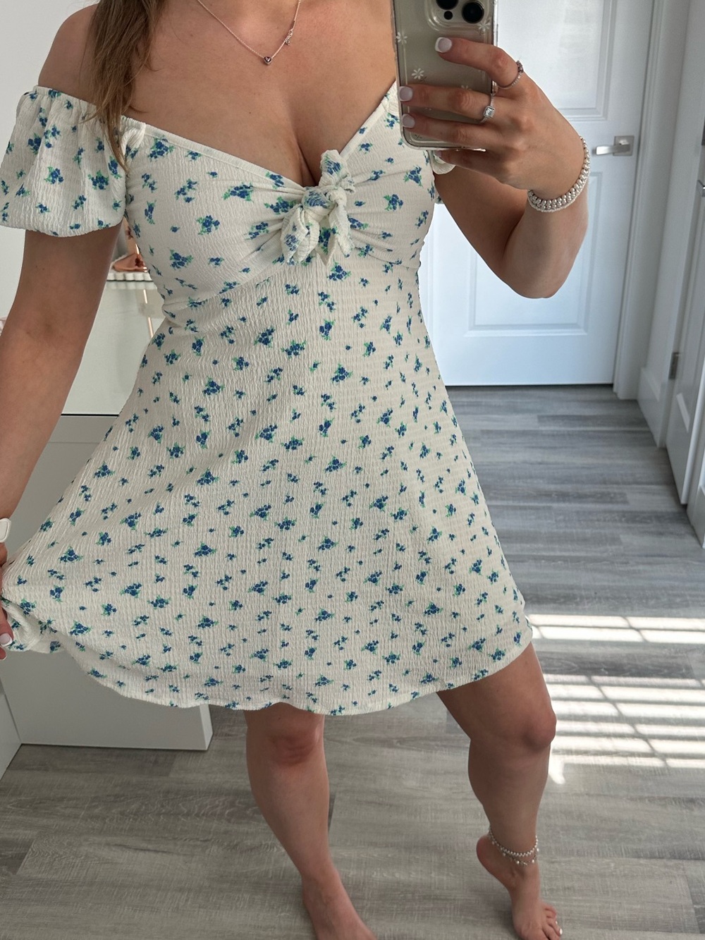 See You Monday Cream Mini Dress with Blue Floral Print